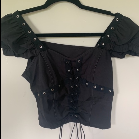 Black Lace Up Goth Grunge Puff Sleeve Blouse - Picture 3 of 7